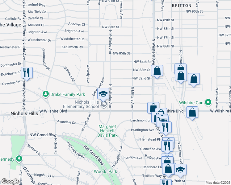 map of restaurants, bars, coffee shops, grocery stores, and more near 1301 Northwest 80th Street in Oklahoma City