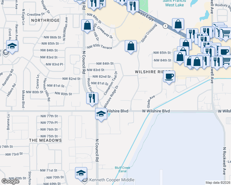 map of restaurants, bars, coffee shops, grocery stores, and more near 8108 Wilshire Ridge Drive in Oklahoma City