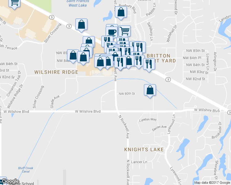 map of restaurants, bars, coffee shops, grocery stores, and more near 8200 N Rockwell Ave in Oklahoma City
