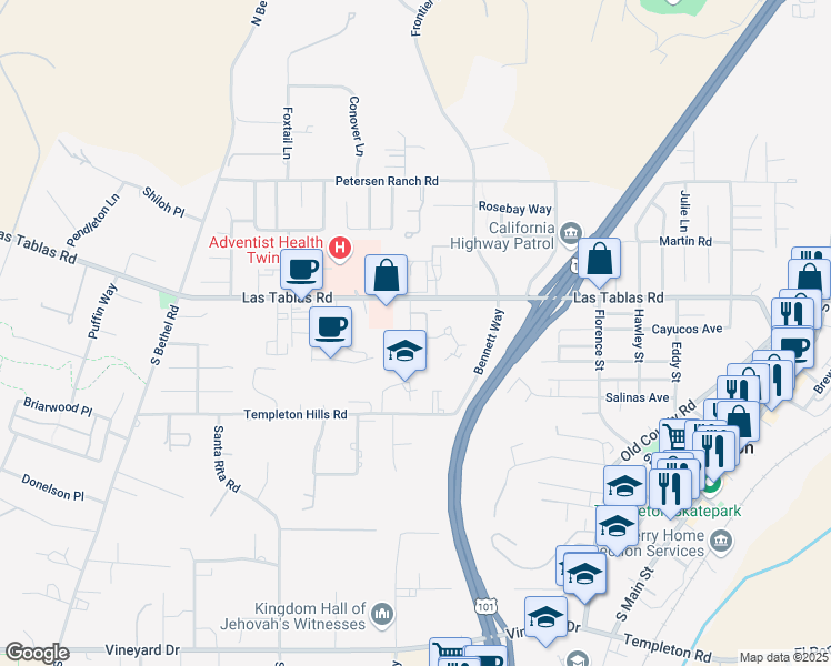 map of restaurants, bars, coffee shops, grocery stores, and more near 283 Heather Court in Templeton