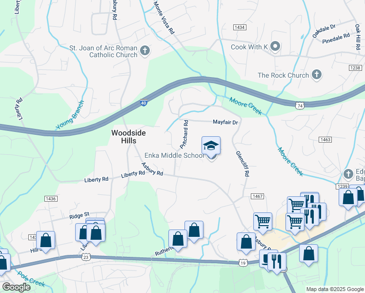 map of restaurants, bars, coffee shops, grocery stores, and more near Pritchard Road in Candler