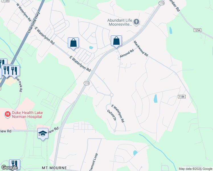 map of restaurants, bars, coffee shops, grocery stores, and more near 306 East Waterlynn Road in Mooresville