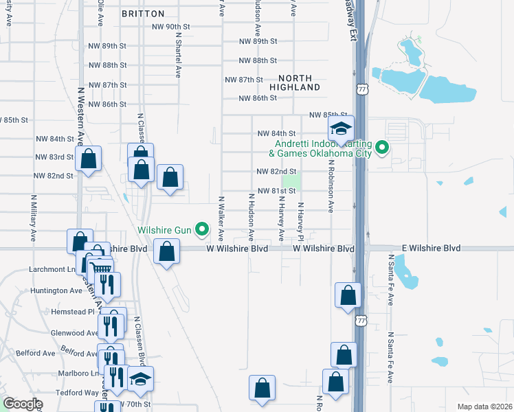 map of restaurants, bars, coffee shops, grocery stores, and more near 400 Northwest 80th Street in Oklahoma City