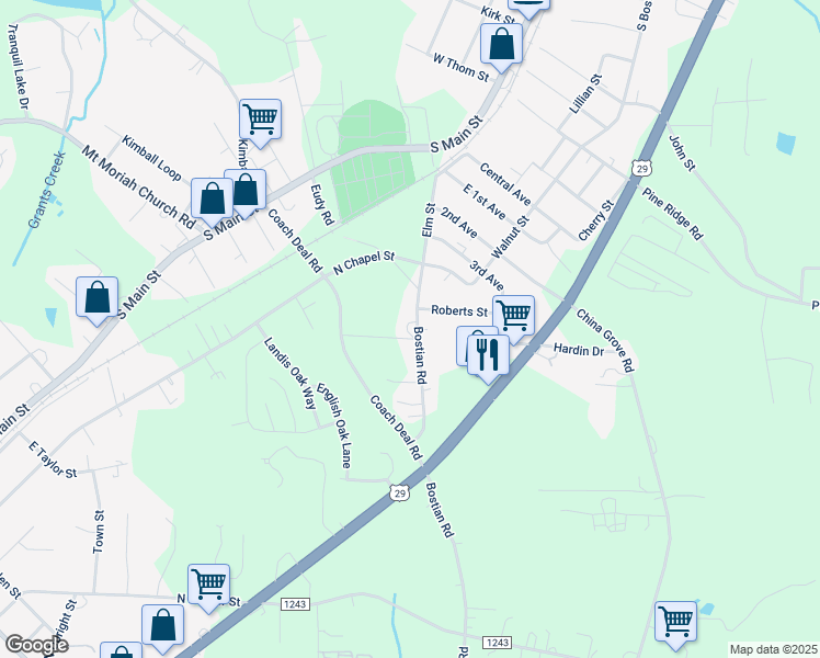 map of restaurants, bars, coffee shops, grocery stores, and more near 645 Bostian Road in China Grove