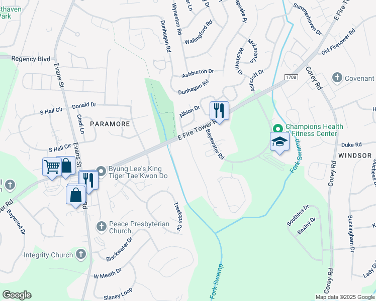 map of restaurants, bars, coffee shops, grocery stores, and more near 420 West Firetower Road in Winterville