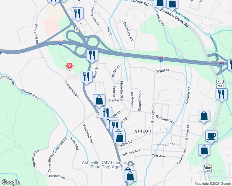 map of restaurants, bars, coffee shops, grocery stores, and more near 99999 Fern Street in Asheville