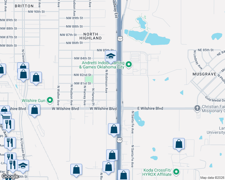 map of restaurants, bars, coffee shops, grocery stores, and more near 128 Northwest 80th Street in Oklahoma City