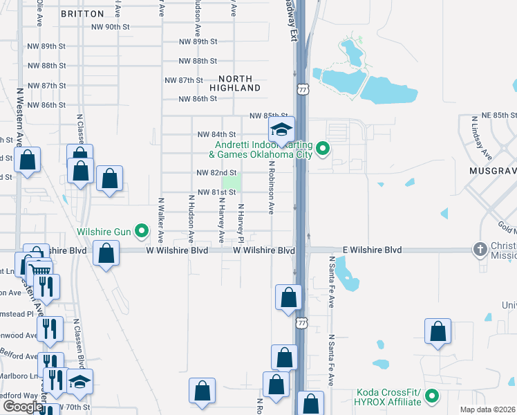 map of restaurants, bars, coffee shops, grocery stores, and more near 216 Northwest 80th Street in Oklahoma City