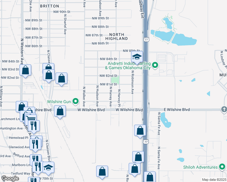 map of restaurants, bars, coffee shops, grocery stores, and more near 251 Northwest 80th Street in Oklahoma City