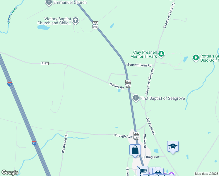 map of restaurants, bars, coffee shops, grocery stores, and more near 175 Burney Road in Asheboro