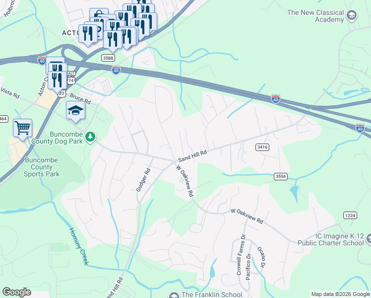 map of restaurants, bars, coffee shops, grocery stores, and more near 13 Triple H Drive in Asheville