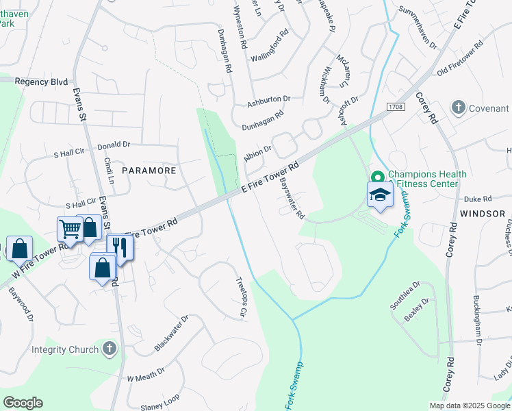 map of restaurants, bars, coffee shops, grocery stores, and more near 420 West Firetower Road in Winterville