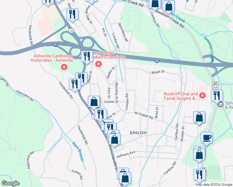 map of restaurants, bars, coffee shops, grocery stores, and more near 367 London Road in Asheville