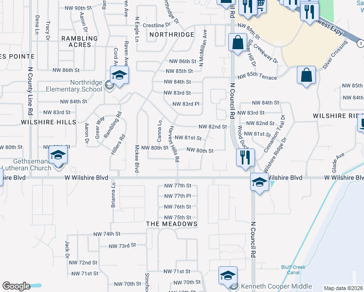 map of restaurants, bars, coffee shops, grocery stores, and more near 8120 Northwest 80th Street in Oklahoma City