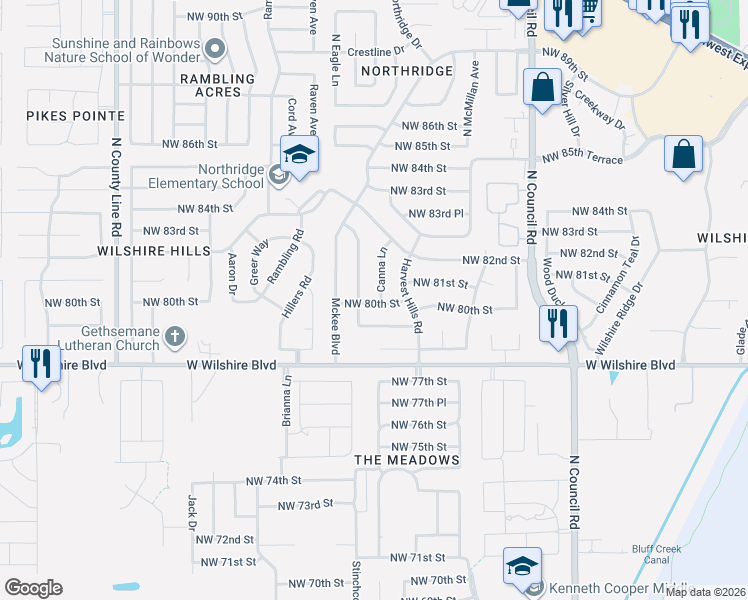 map of restaurants, bars, coffee shops, grocery stores, and more near 8012 Harvest Hills South Boulevard in Oklahoma City