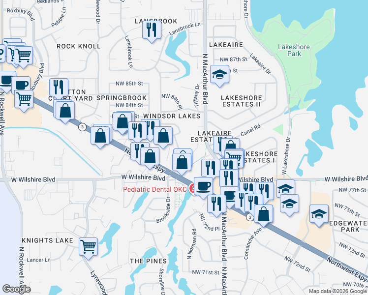 map of restaurants, bars, coffee shops, grocery stores, and more near 8108 North Brookside Drive in Oklahoma City