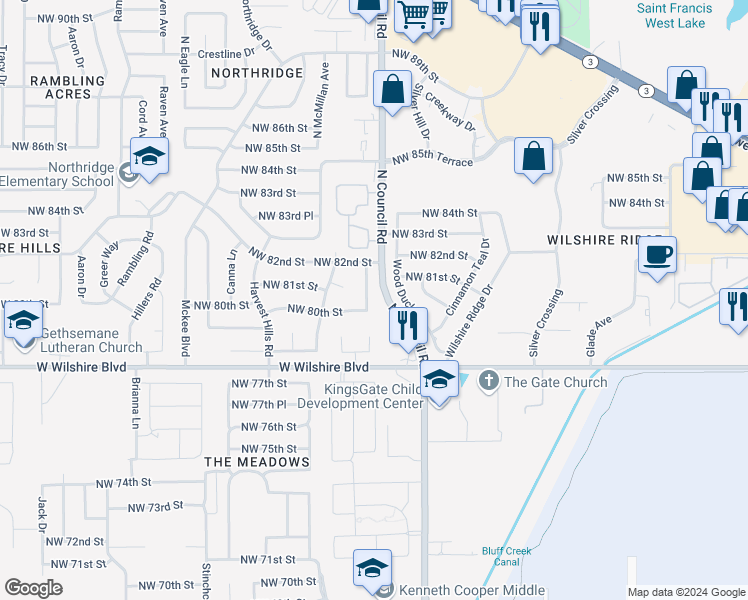 map of restaurants, bars, coffee shops, grocery stores, and more near 8110 Azalea Avenue in Oklahoma City