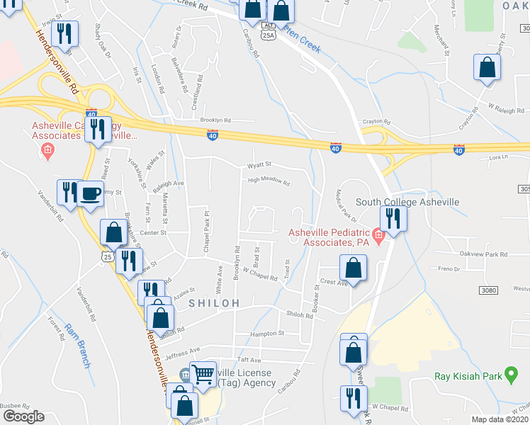 map of restaurants, bars, coffee shops, grocery stores, and more near 727 Appeldoorn Circle in Asheville