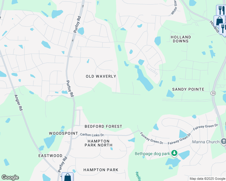 map of restaurants, bars, coffee shops, grocery stores, and more near 3805 Olde Waverly Way in Fuquay-Varina