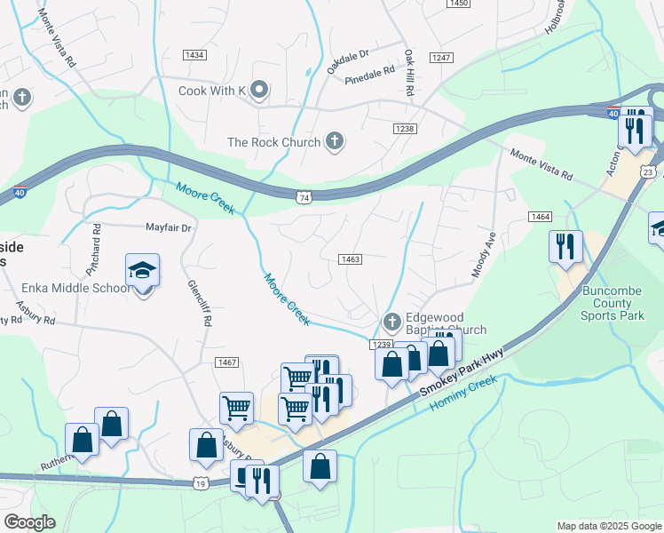 map of restaurants, bars, coffee shops, grocery stores, and more near 169 Lower Edgewood Road in Candler
