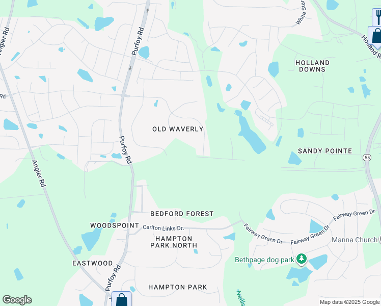 map of restaurants, bars, coffee shops, grocery stores, and more near 3805 Olde Waverly Way in Fuquay-Varina