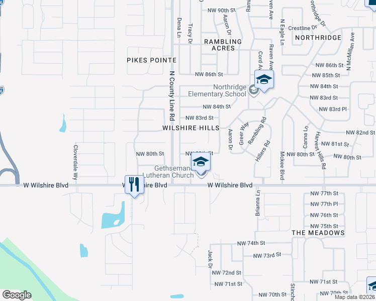 map of restaurants, bars, coffee shops, grocery stores, and more near 8016 Wilshire Hills Drive in Oklahoma City