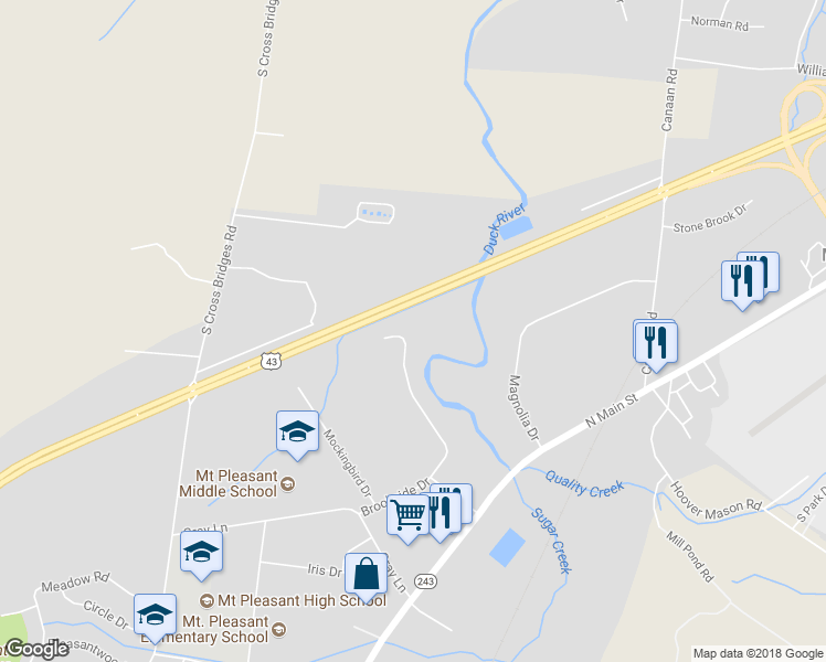 map of restaurants, bars, coffee shops, grocery stores, and more near 501 Brookside Drive in Mount Pleasant