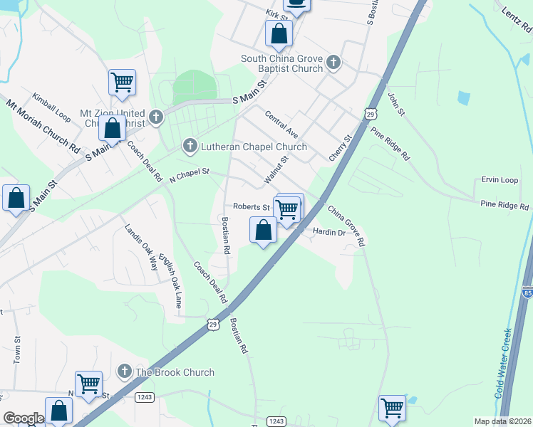 map of restaurants, bars, coffee shops, grocery stores, and more near 194 Columbus Street in China Grove