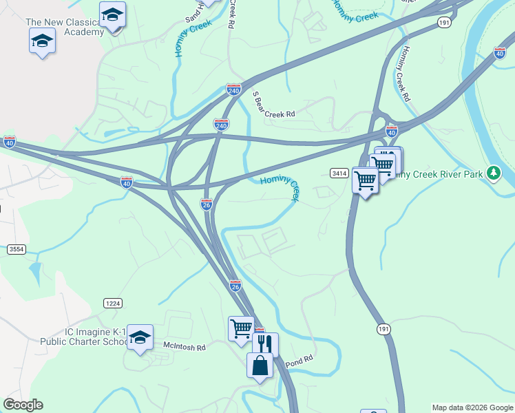 map of restaurants, bars, coffee shops, grocery stores, and more near 99999 East Oakview Road in Asheville