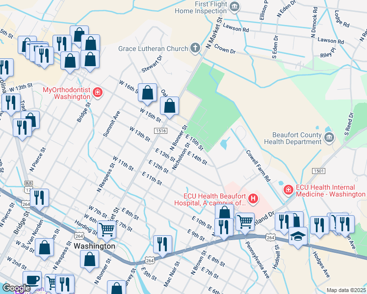 map of restaurants, bars, coffee shops, grocery stores, and more near 1400 Nicholson Street in Washington