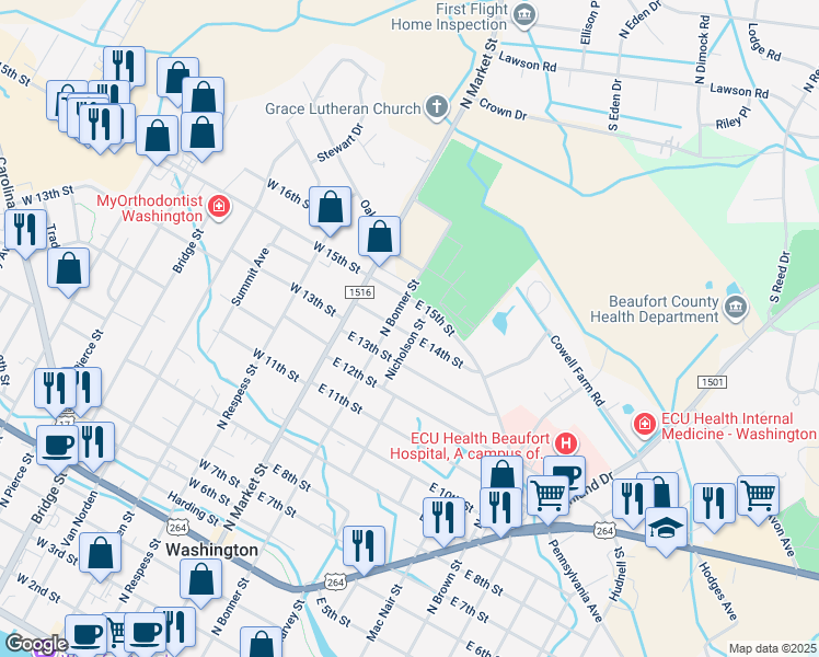 map of restaurants, bars, coffee shops, grocery stores, and more near 1400 Nicholson Street in Washington