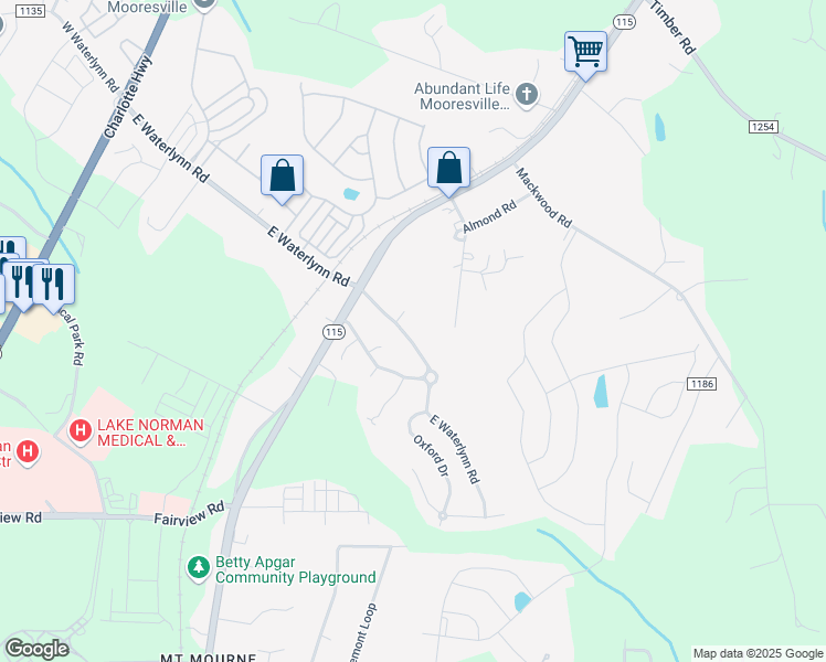 map of restaurants, bars, coffee shops, grocery stores, and more near 303 East Waterlynn Road in Mooresville