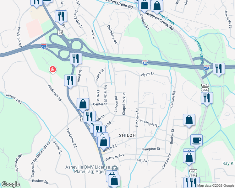 map of restaurants, bars, coffee shops, grocery stores, and more near 21 Chapel Park Place in Asheville