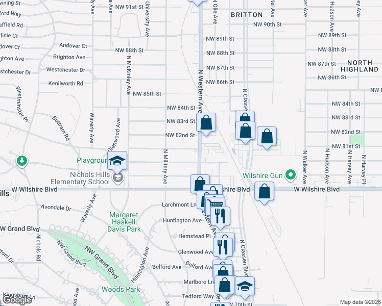 map of restaurants, bars, coffee shops, grocery stores, and more near 8101 North Western Avenue in Oklahoma City