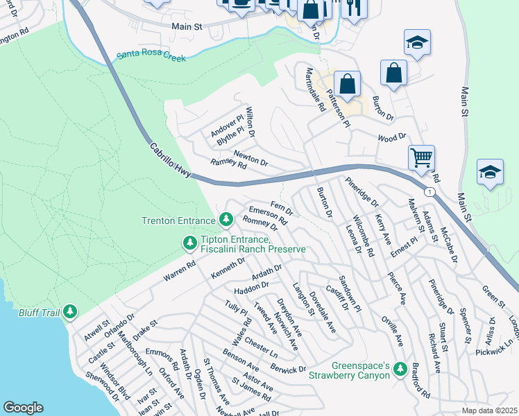 map of restaurants, bars, coffee shops, grocery stores, and more near 2598 Emerson Road in Cambria