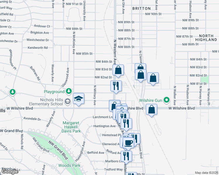 map of restaurants, bars, coffee shops, grocery stores, and more near 8101 North Western Avenue in Oklahoma City
