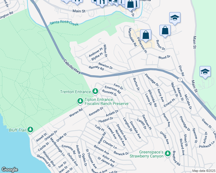 map of restaurants, bars, coffee shops, grocery stores, and more near 2598 Emerson Road in Cambria