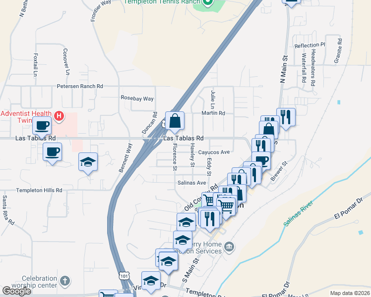 map of restaurants, bars, coffee shops, grocery stores, and more near 655 Cayucos Avenue in Templeton