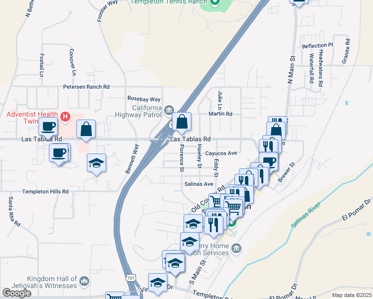 map of restaurants, bars, coffee shops, grocery stores, and more near 684 Cayucos Avenue in Templeton
