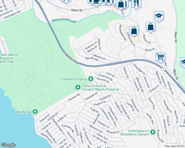map of restaurants, bars, coffee shops, grocery stores, and more near 1560 Emerson Road in Cambria