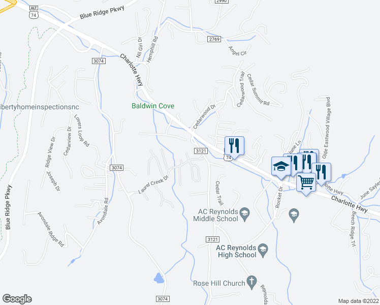 map of restaurants, bars, coffee shops, grocery stores, and more near 11 Laurel Place Drive in Asheville