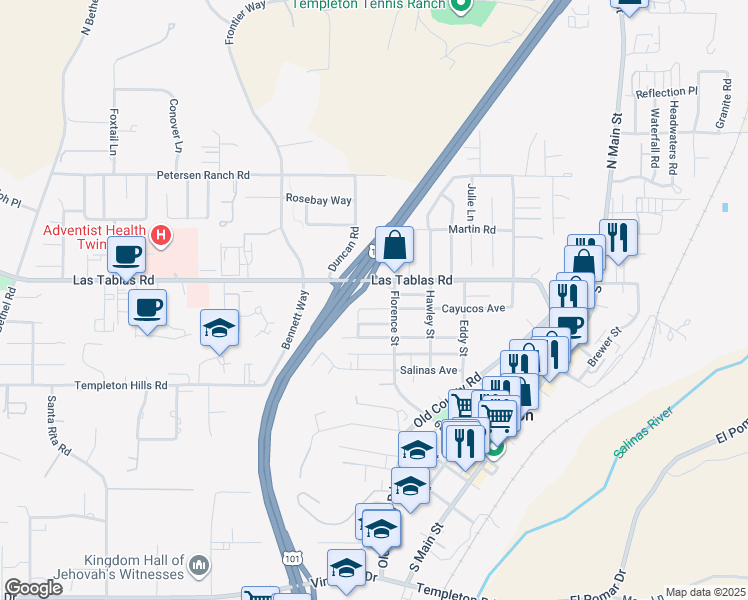 map of restaurants, bars, coffee shops, grocery stores, and more near 745 Cayucos Avenue in Templeton