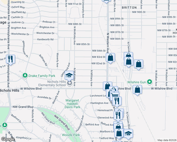 map of restaurants, bars, coffee shops, grocery stores, and more near 1201 Northwest 80th Street in Oklahoma City
