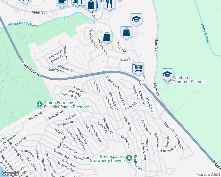 map of restaurants, bars, coffee shops, grocery stores, and more near 2525 Pierce Avenue in Cambria