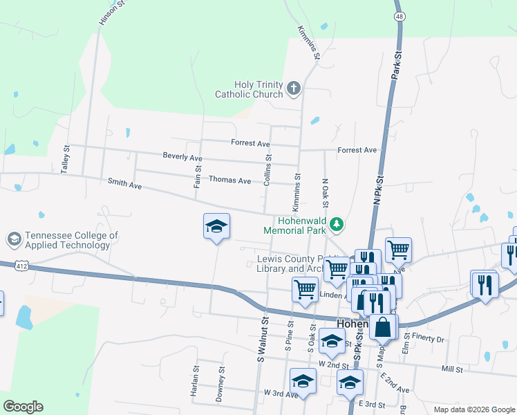 map of restaurants, bars, coffee shops, grocery stores, and more near 406 Smith Avenue in Hohenwald