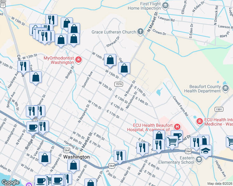 map of restaurants, bars, coffee shops, grocery stores, and more near 1218 North Bonner Street in Washington