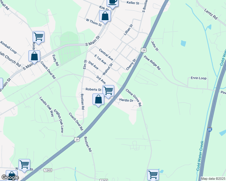 map of restaurants, bars, coffee shops, grocery stores, and more near 1235 Roberts Street in China Grove