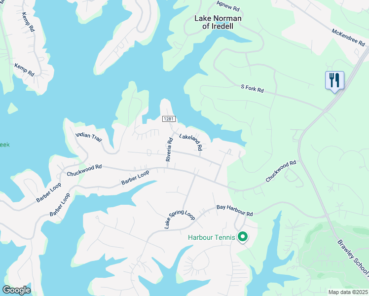 map of restaurants, bars, coffee shops, grocery stores, and more near 120 Harbor Pine Road in Mooresville