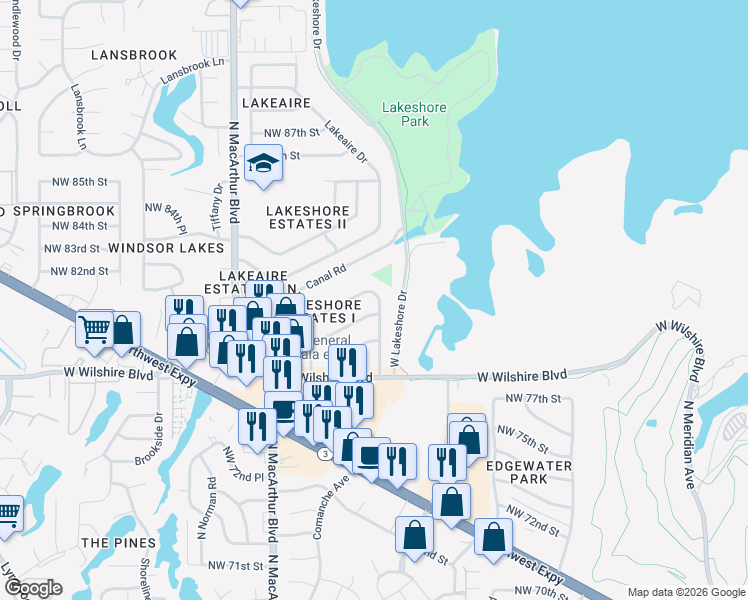 map of restaurants, bars, coffee shops, grocery stores, and more near 8112 West Lakeshore Drive in Oklahoma City