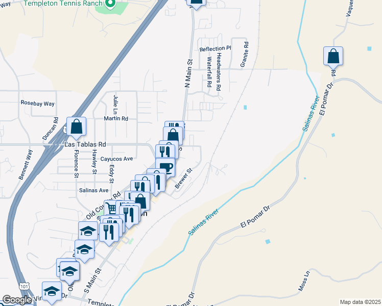 map of restaurants, bars, coffee shops, grocery stores, and more near 86 Gibson Road in Templeton